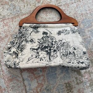 Vintage Granny Core Handbag Wooden Handle and Black and White Toile Print